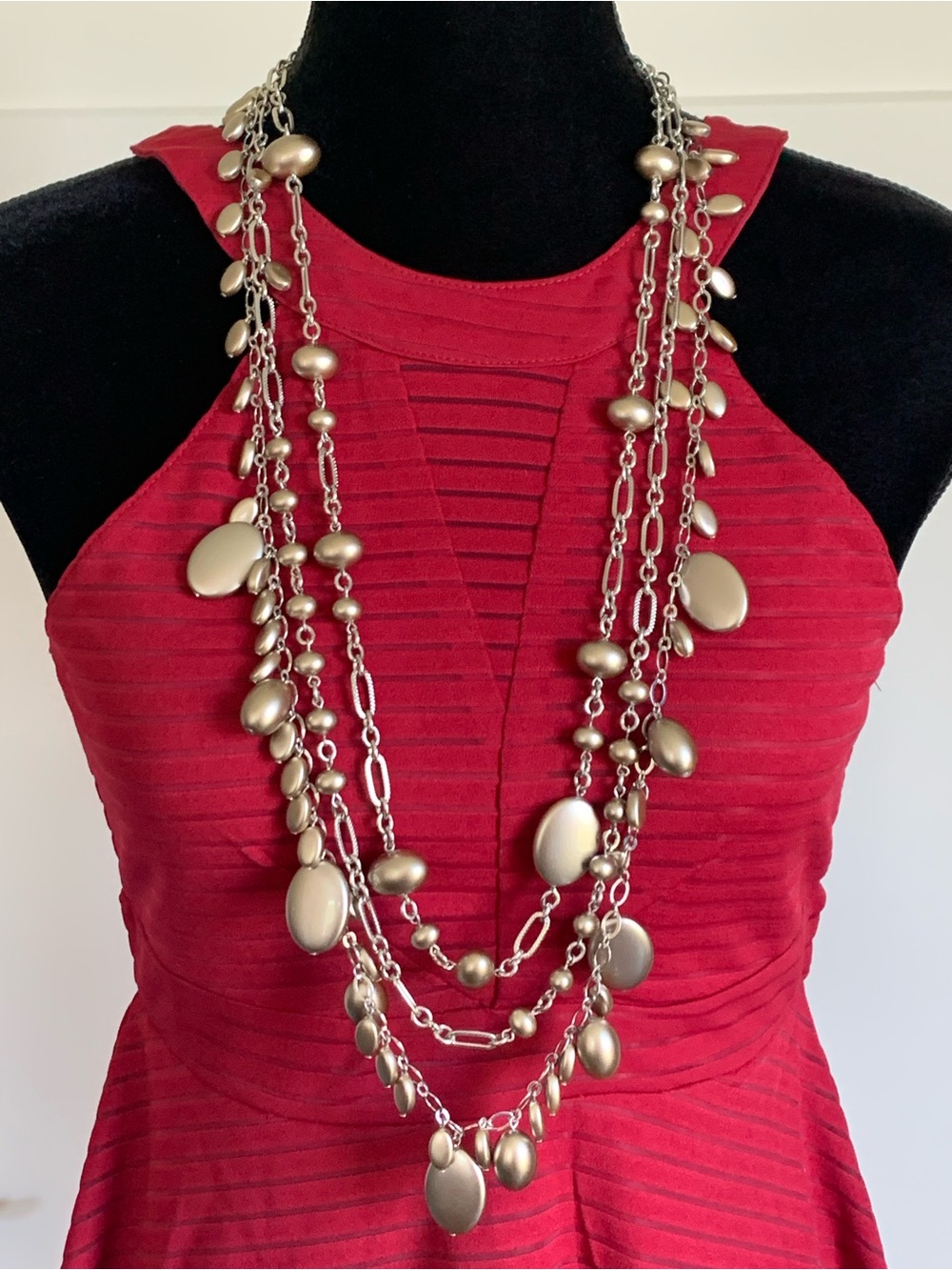 Talbots 3 Strand Silver Bead and Disc Statement Necklace  NWT